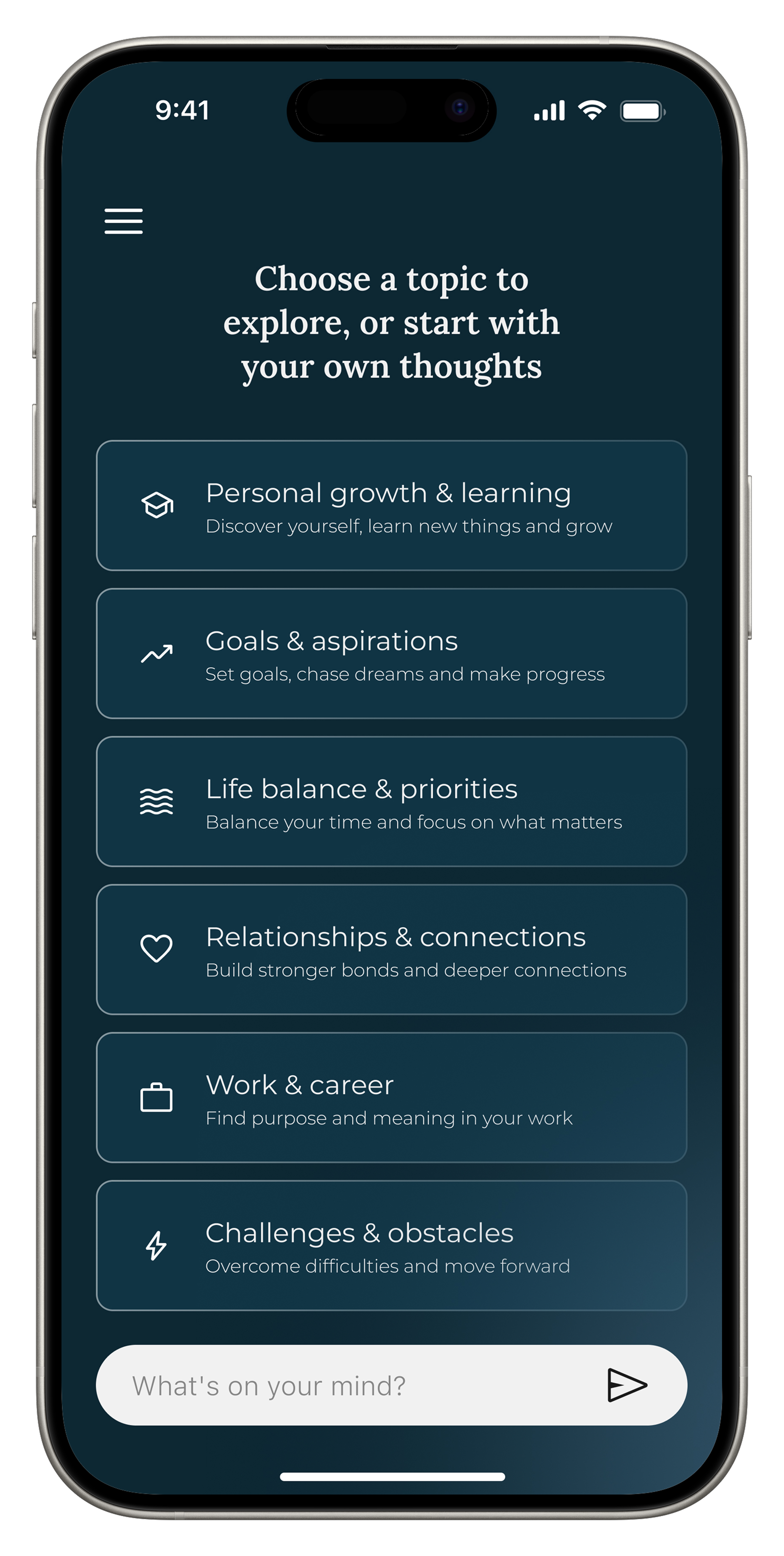 The pre-release home screen: six topic tiles (Personal growth & learning, Goals & aspirations, Life balance & priorities, Relationships & connections, Work & career, Challenges & obstacles) under the heading “Choose a topic to explore, or start with your own thoughts,” with a narrow “What’s on your mind?” field beneath them.
