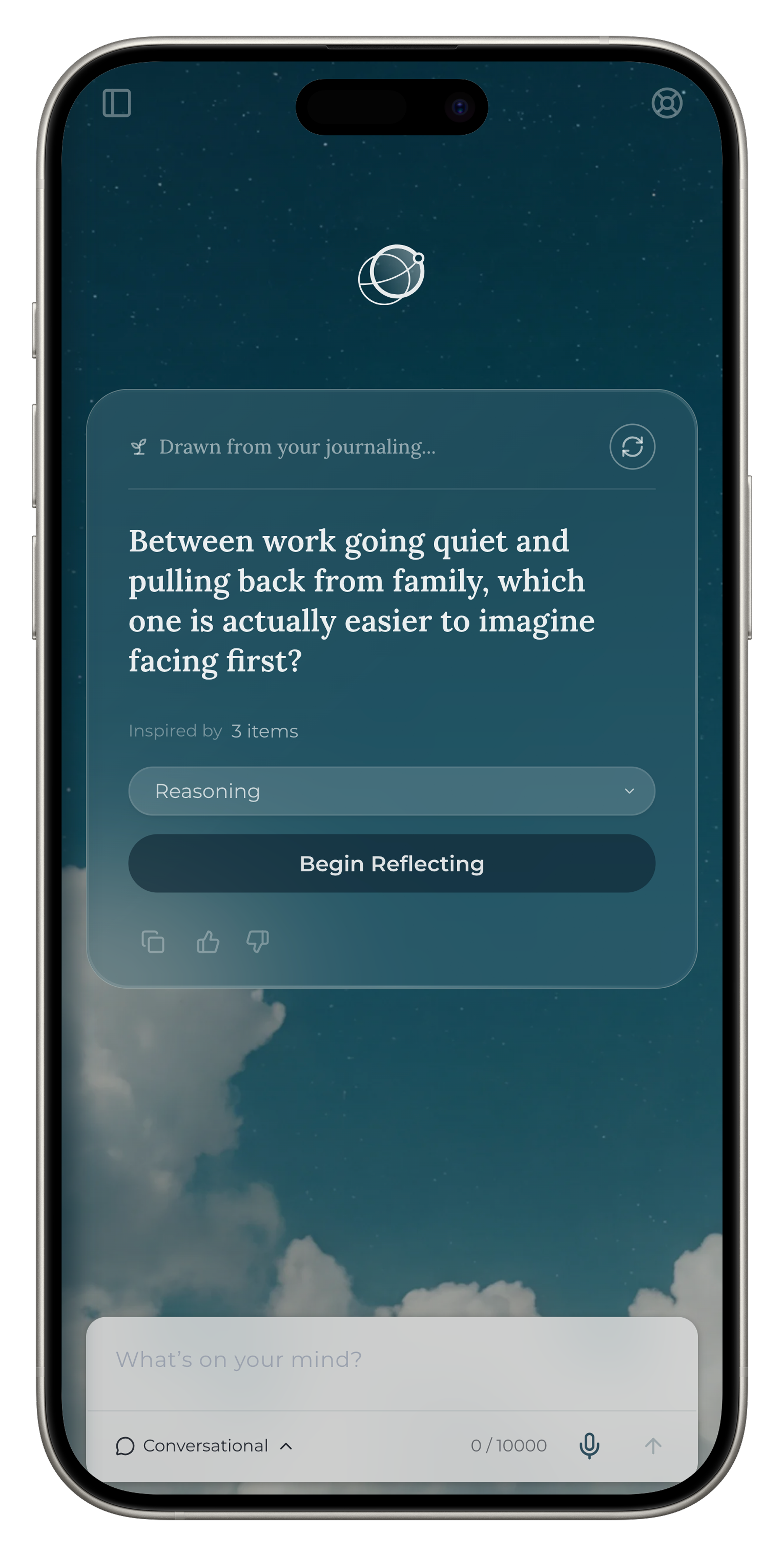A newly created journal with a Seed on the empty screen: the generated question sits in the center as a tile with a collapsed Reasoning block and an “inspired by 3 items” caption, and the writing field runs along the bottom of the screen.